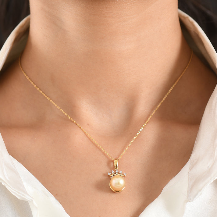 Luxuriant - AAA Golden South Sea Pearl (10-11mm) &amp; Lab Grown Diamond (SI-G-H) Crown Pendant with Chain (Size 20) in 18K Vermeil Yellow Gold Plated Sterling Silver 4475193 2