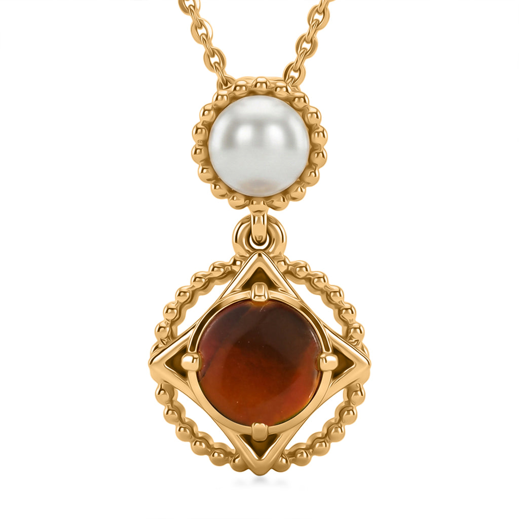 D'Joy - Ammolite & Fresh Water Pearl Drop Pendant with Chain (Size 20) in 18K Vermeil Yellow Gold Plated Sterling Silver 1.50 Ct._4475664
