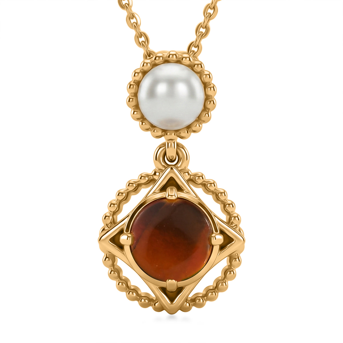 D'Joy - Ammolite &amp; Fresh Water Pearl Drop Pendant with Chain (Size 20) in 18K Vermeil Yellow Gold Plated Sterling Silver 1.50 Ct. V32517846 0