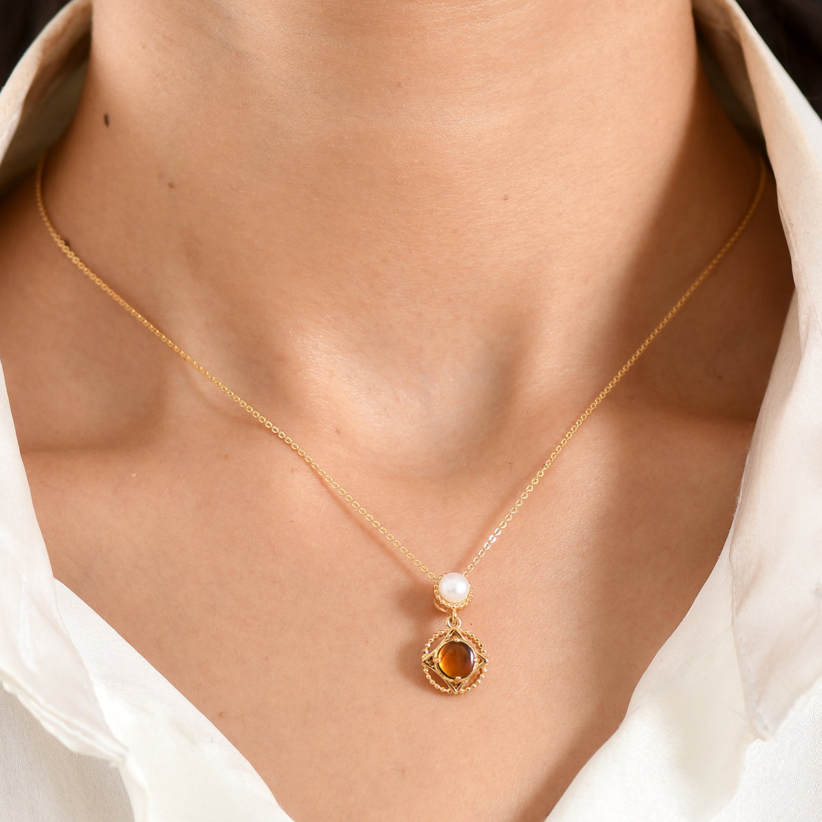 D'Joy - Ammolite &amp; Fresh Water Pearl Drop Pendant with Chain (Size 20) in 18K Vermeil Yellow Gold Plated Sterling Silver 1.50 Ct. V32517846 2