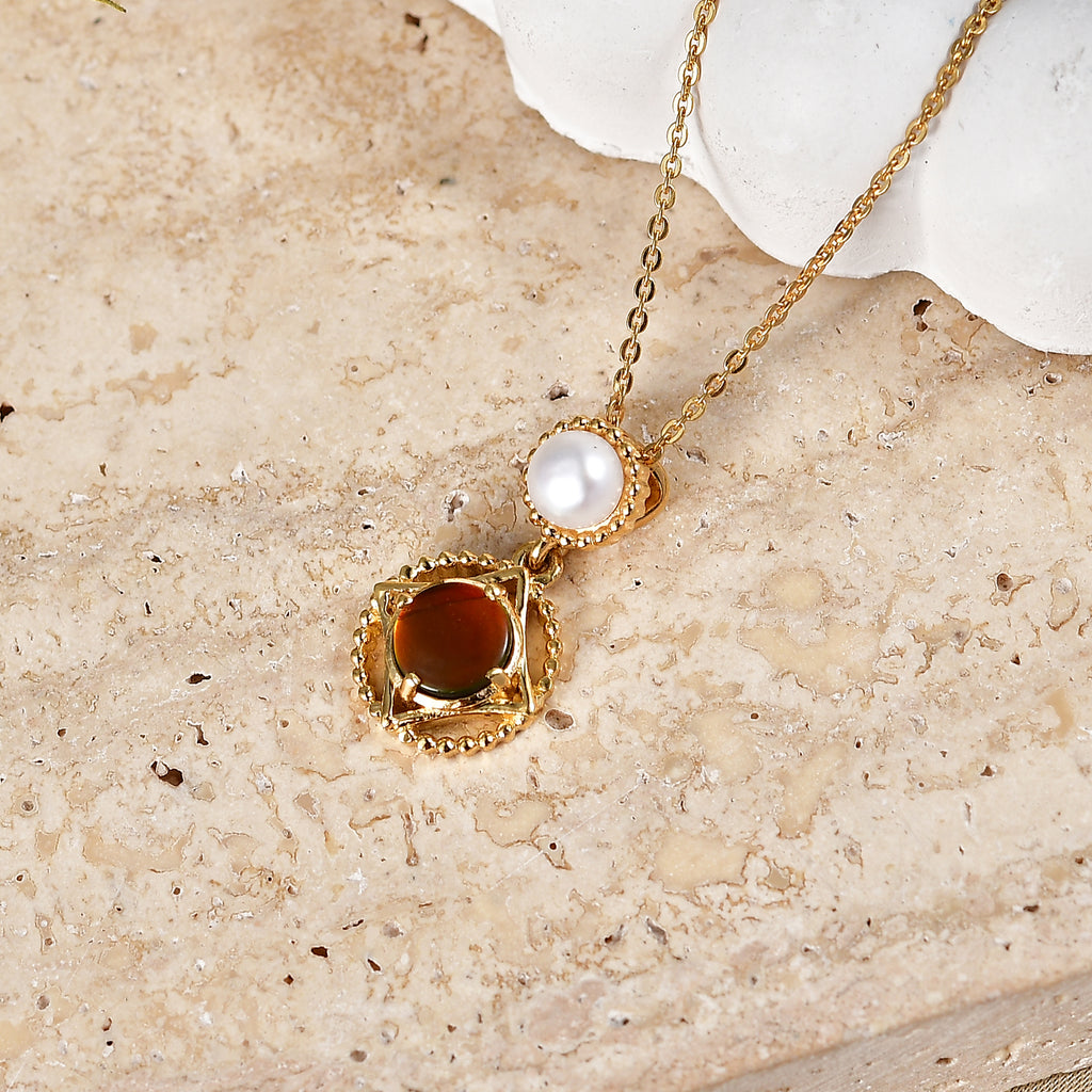 D'Joy - Ammolite & Fresh Water Pearl Drop Pendant with Chain (Size 20) in 18K Vermeil Yellow Gold Plated Sterling Silver 1.50 Ct._4475664_2