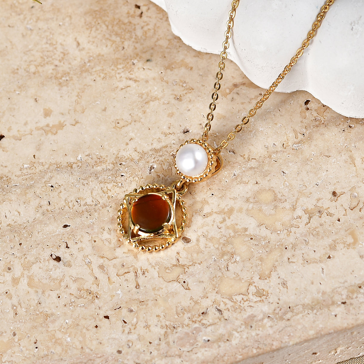 D'Joy - Ammolite &amp; Fresh Water Pearl Drop Pendant with Chain (Size 20) in 18K Vermeil Yellow Gold Plated Sterling Silver 1.50 Ct. V32517846 3