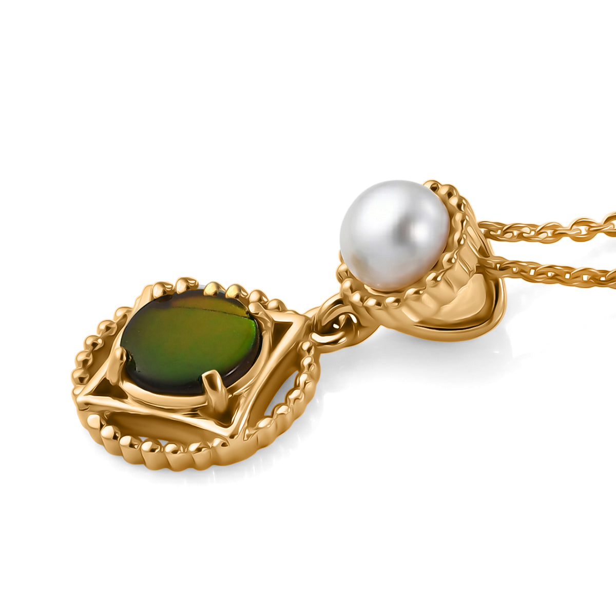 D'Joy - Ammolite &amp; Fresh Water Pearl Drop Pendant with Chain (Size 20) in 18K Vermeil Yellow Gold Plated Sterling Silver 1.50 Ct. V32517846 4