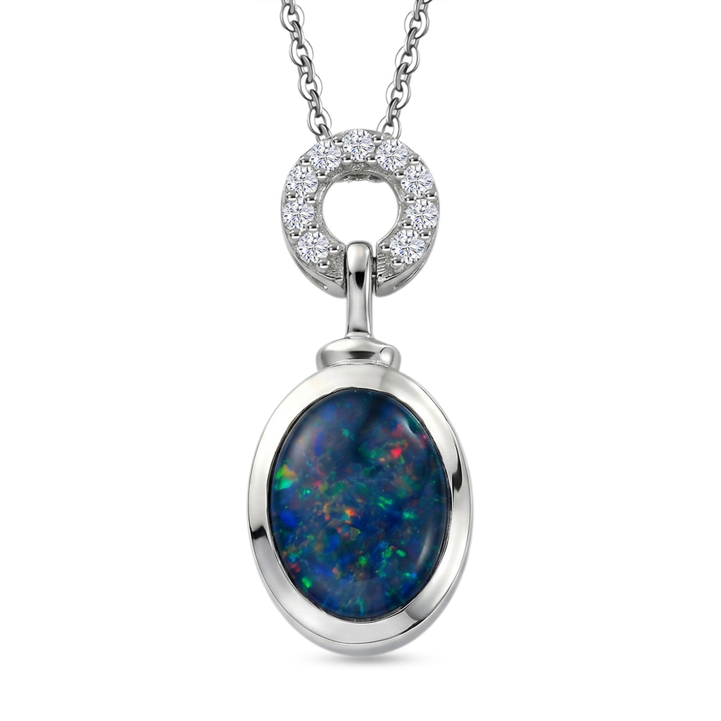 D'Joy - Boulder Opal & White Zircon Pendant with Chain (Size 20) in Rhodium Overlay Sterling Silver 1.35 Ct_4475724