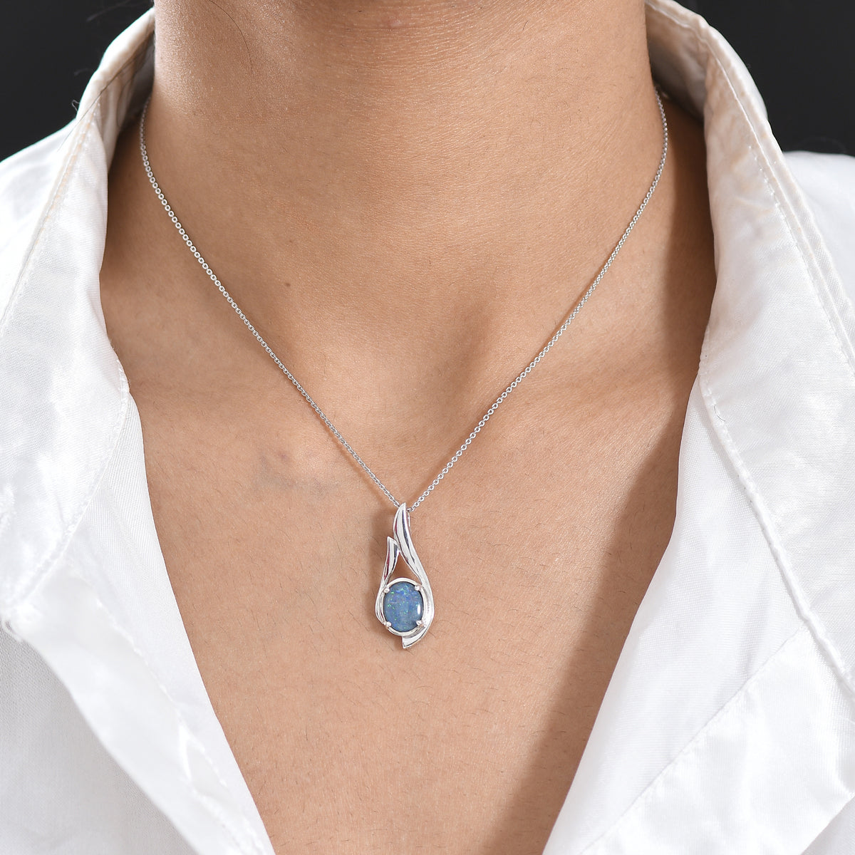 D'Joy - Boulder Opal Solitaire Pendant with Chain (Size 20) in Rhodium Overlay Sterling Silver 1.50 Ct. V32513285 2