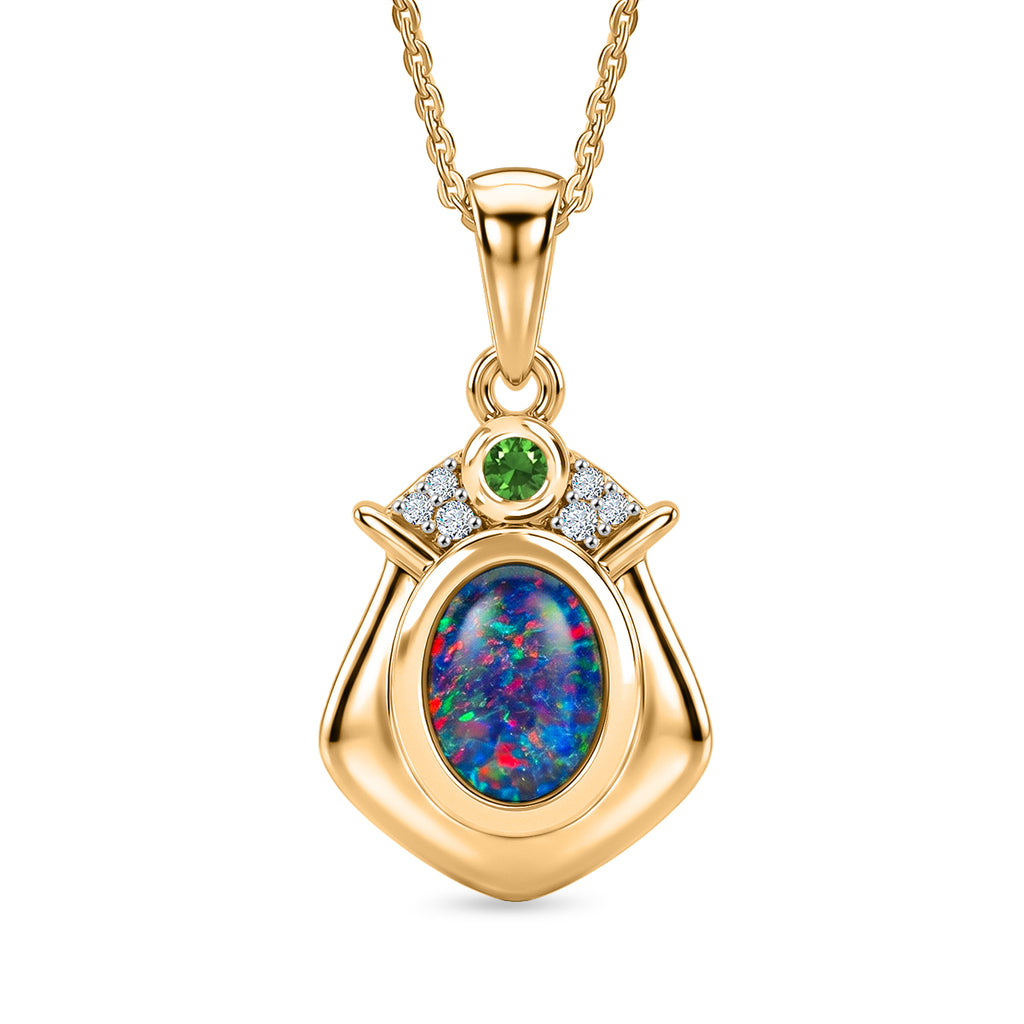 D'Joy - Boulder Opal Natural Chrome Diopside & White Zircon Pendant with Chain (Size 20) in Yellow Gold Plated Sterling Silver_4475728