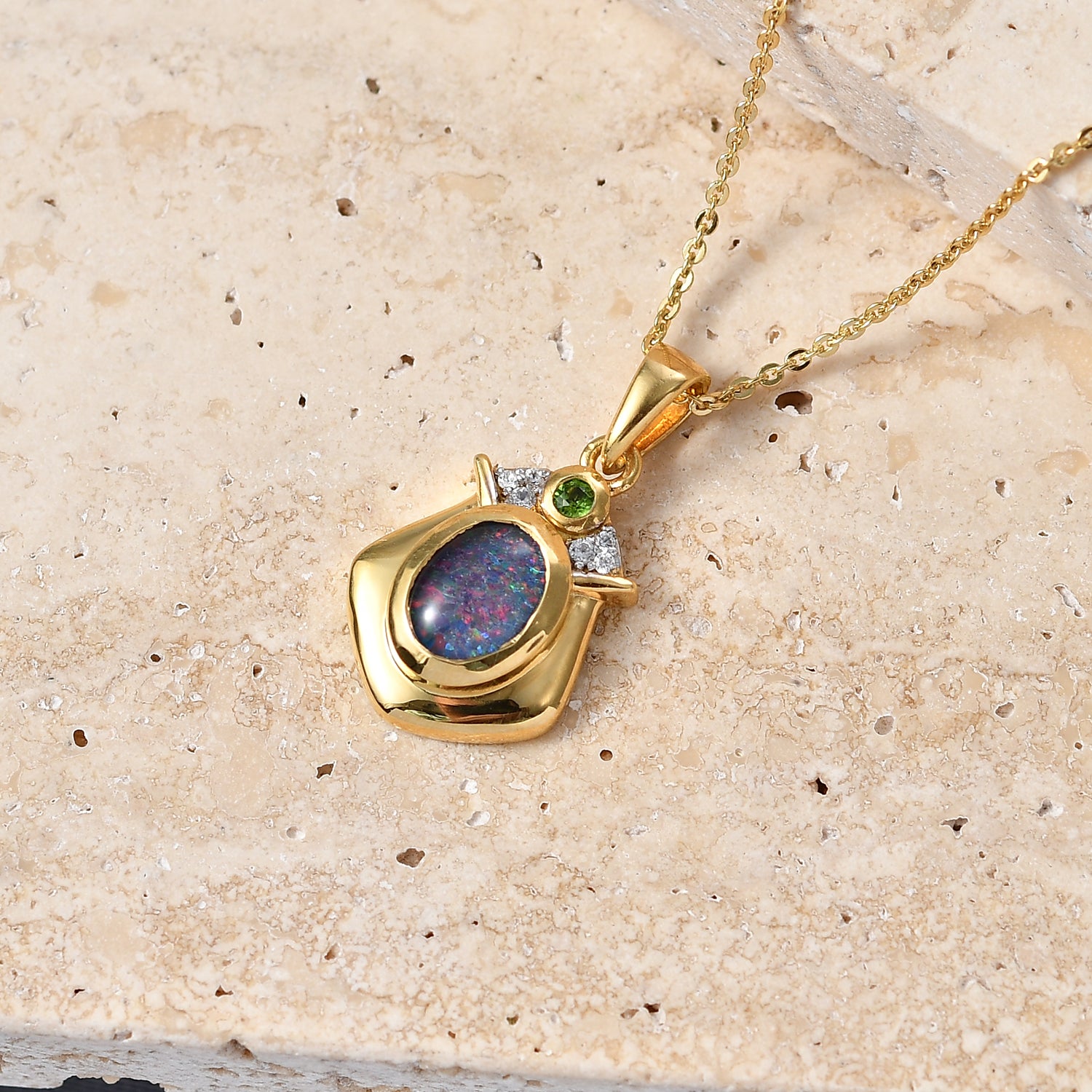 D'Joy - Boulder Opal Natural Chrome Diopside &amp; White Zircon Pendant with Chain (Size 20) in Yellow Gold Plated Sterling Silver V32514028 3