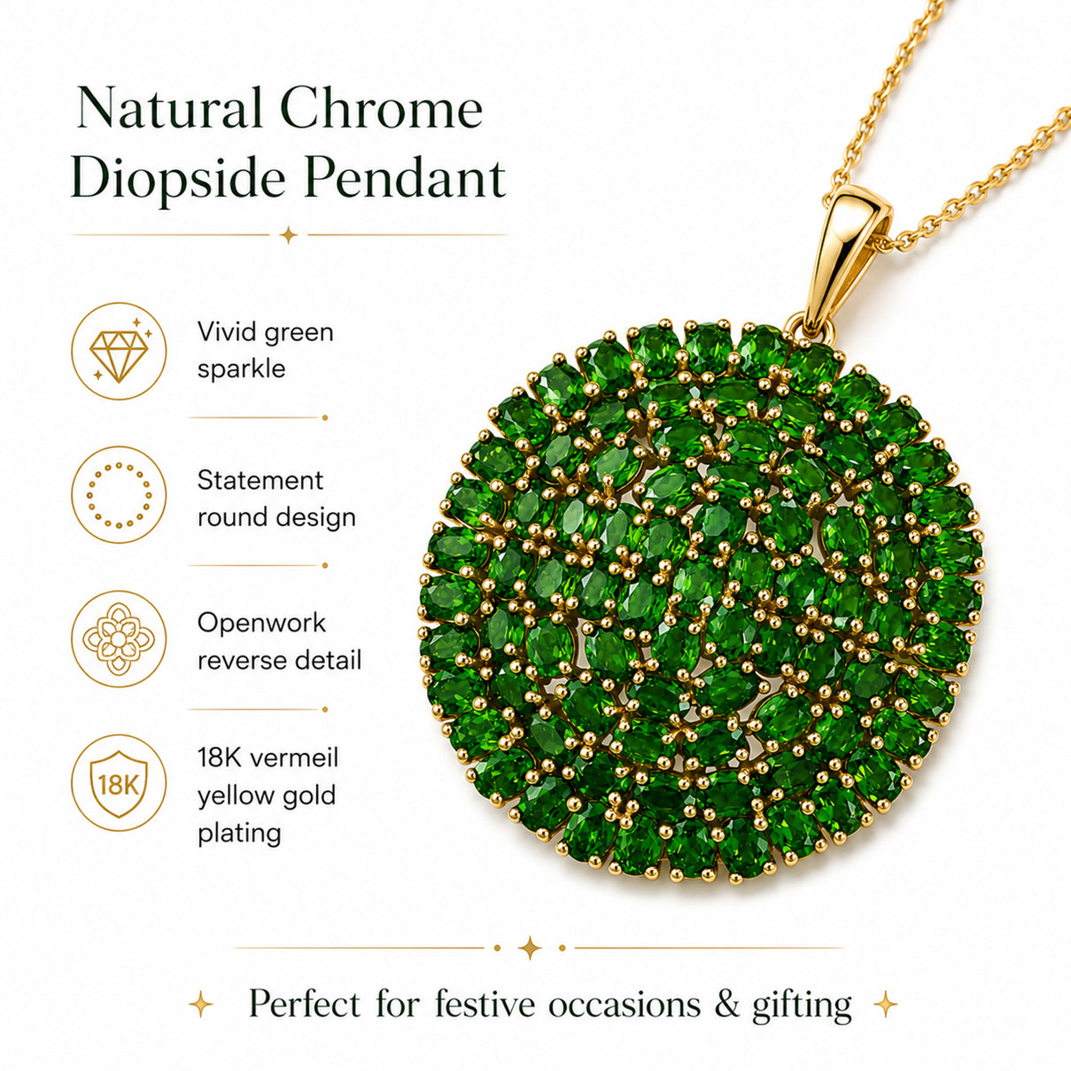 D'Joy - Natural Chrome Diopside Floral Cluster Pendant with Chain (Size 20) in 18K Vermeil Yellow Gold Plated Sterling Silver 14.40 Ct, Silver Wt. 10.30 Gms 4475946 5