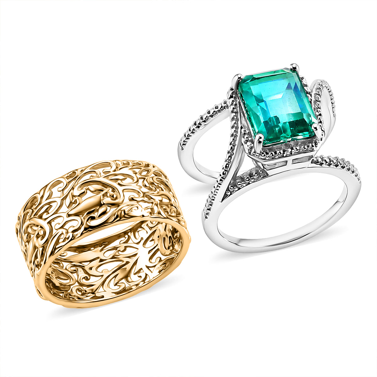 Set of 2 - EverTrue Peacock Triplet Quartz Filigree Ring in Two Tone Plating 3.70 Ct. V32515246 6