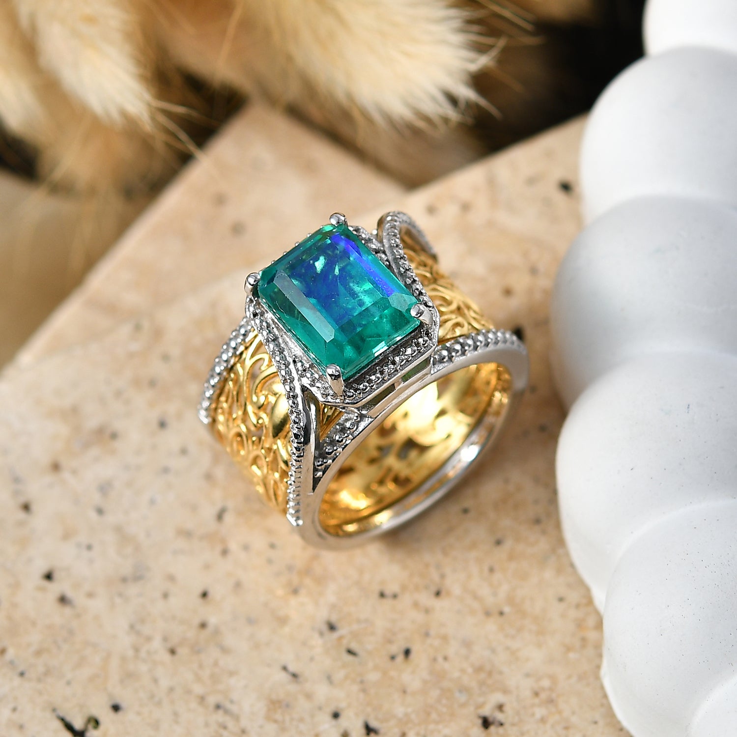 Set of 2 - EverTrue Peacock Triplet Quartz Ring in Two Tone Plating 3.70 Ct. V32516185 3