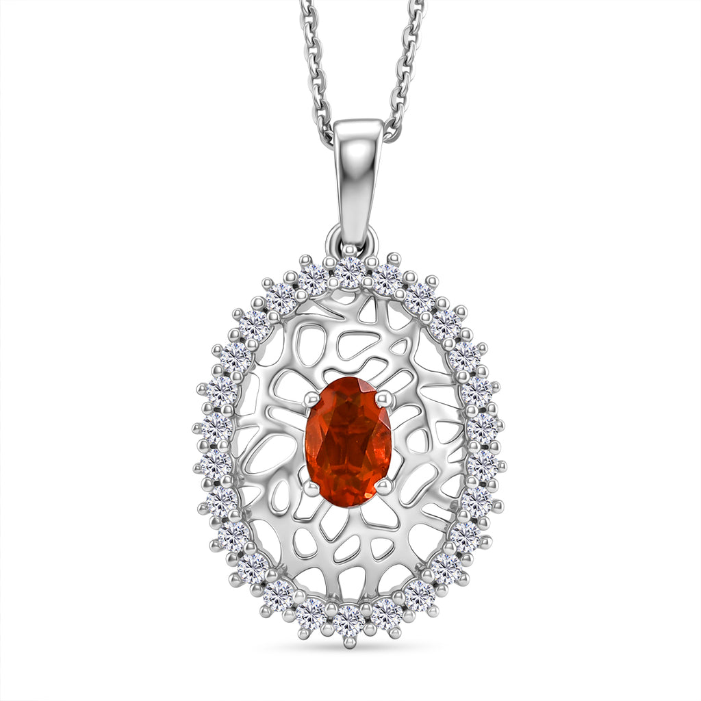 D'Joy -  Natural Crimson Fire Opal & Moissanite Pendant with Chain (Size 20) in Rhodium Overlay Sterling Silver_4476801