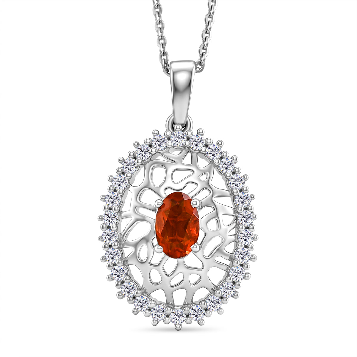 D'Joy -  Natural Crimson Fire Opal &amp; Moissanite Pendant with Chain (Size 20) in Rhodium Overlay Sterling Silver 4476801 0