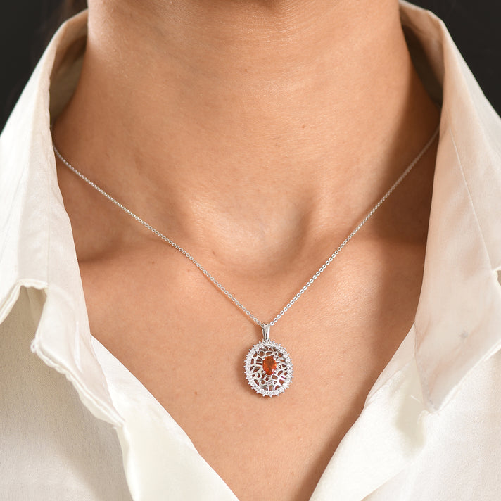 D'Joy -  Natural Crimson Fire Opal &amp; Moissanite Pendant with Chain (Size 20) in Rhodium Overlay Sterling Silver 4476801 2