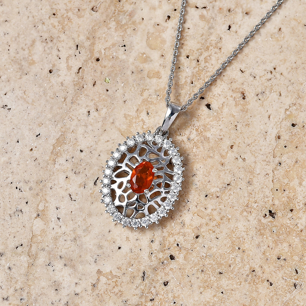 D'Joy -  Natural Crimson Fire Opal & Moissanite Pendant with Chain (Size 20) in Rhodium Overlay Sterling Silver_4476801_2