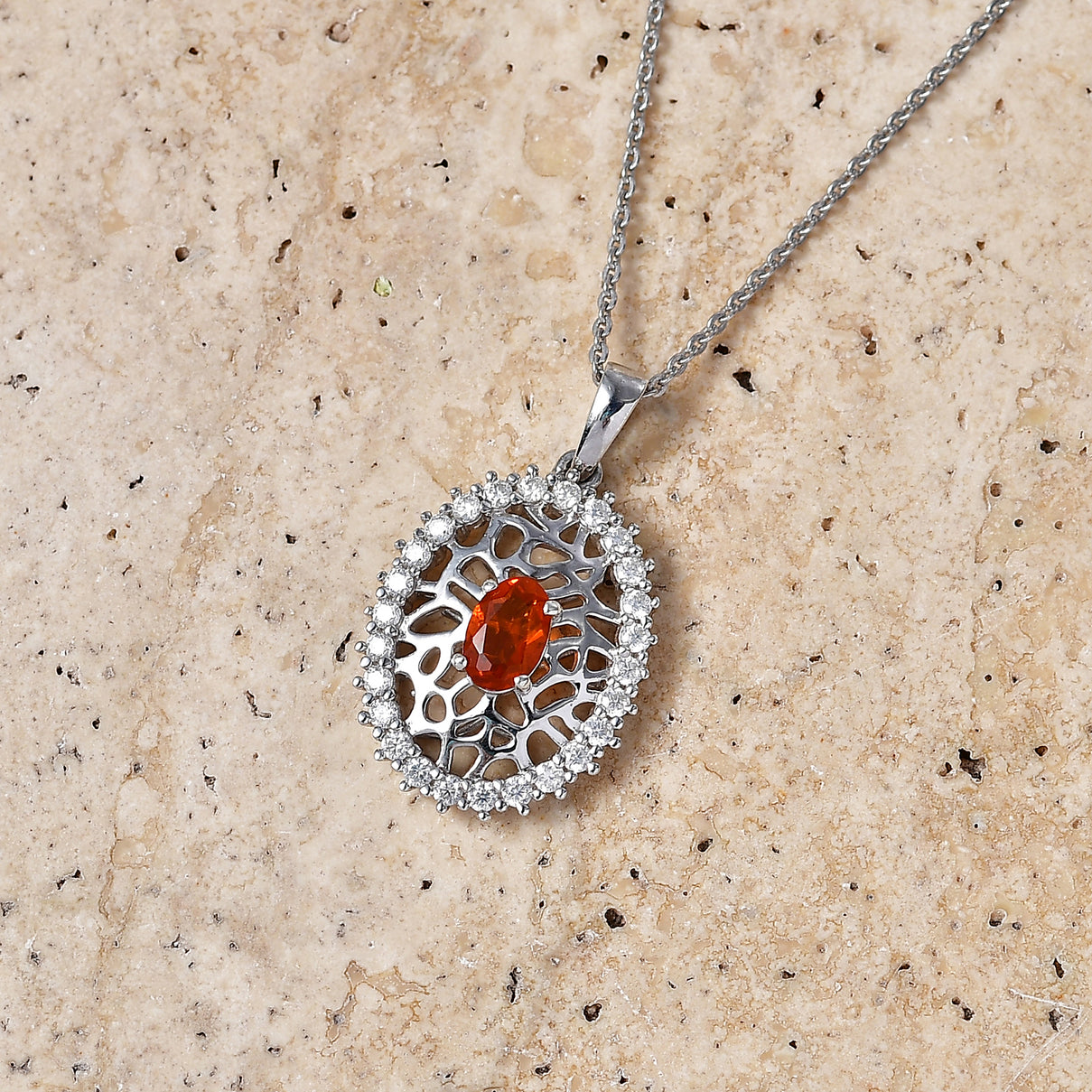 D'Joy -  Natural Crimson Fire Opal &amp; Moissanite Pendant with Chain (Size 20) in Rhodium Overlay Sterling Silver 4476801 3