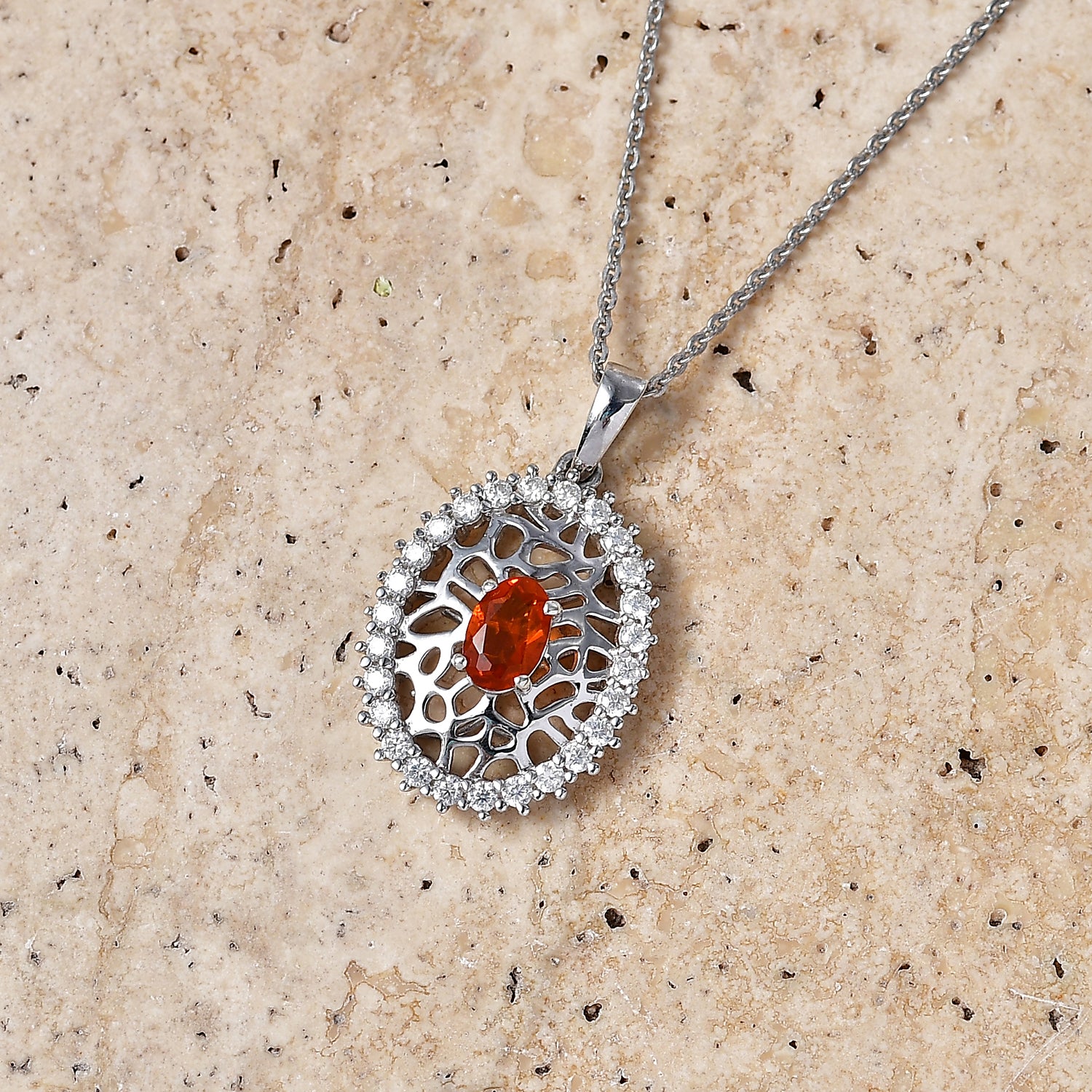 D'Joy -  Natural Crimson Fire Opal &amp; Moissanite Pendant with Chain (Size 20) in Rhodium Overlay Sterling Silver 4476801 3