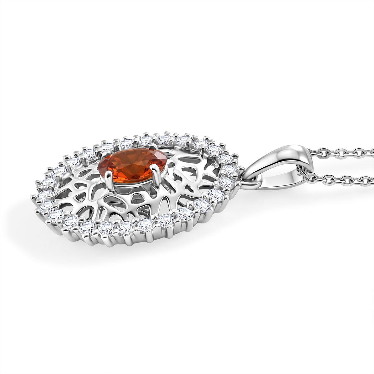 D'Joy -  Natural Crimson Fire Opal &amp; Moissanite Pendant with Chain (Size 20) in Rhodium Overlay Sterling Silver 4476801 4