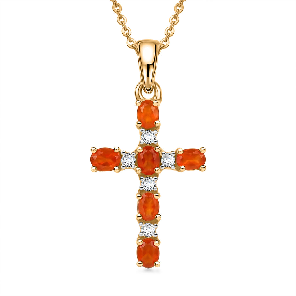 D'Joy - Natural Crimson Fire Opal & White Zircon Cross Pendant with Chain (Size 20) in Yellow Gold Plated Sterling Silver_4476803