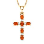 D'Joy - Natural Crimson Fire Opal & White Zircon Cross Pendant with Chain (Size 20) in Yellow Gold Plated Sterling Silver_4476803