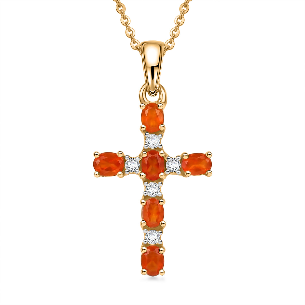 D'Joy - Natural Crimson Fire Opal &amp; White Zircon Cross Pendant with Chain (Size 20) in Yellow Gold Plated Sterling Silver 4476803 0