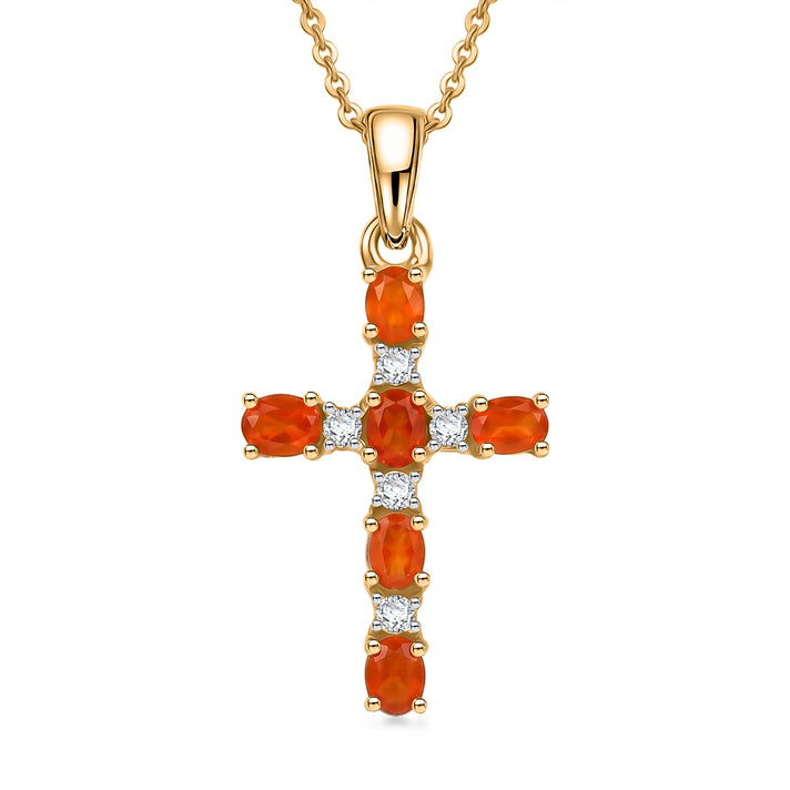 D'Joy - Natural Crimson Fire Opal &amp; White Zircon Cross Pendant with Chain (Size 20) in Yellow Gold Plated Sterling Silver 4476803 1