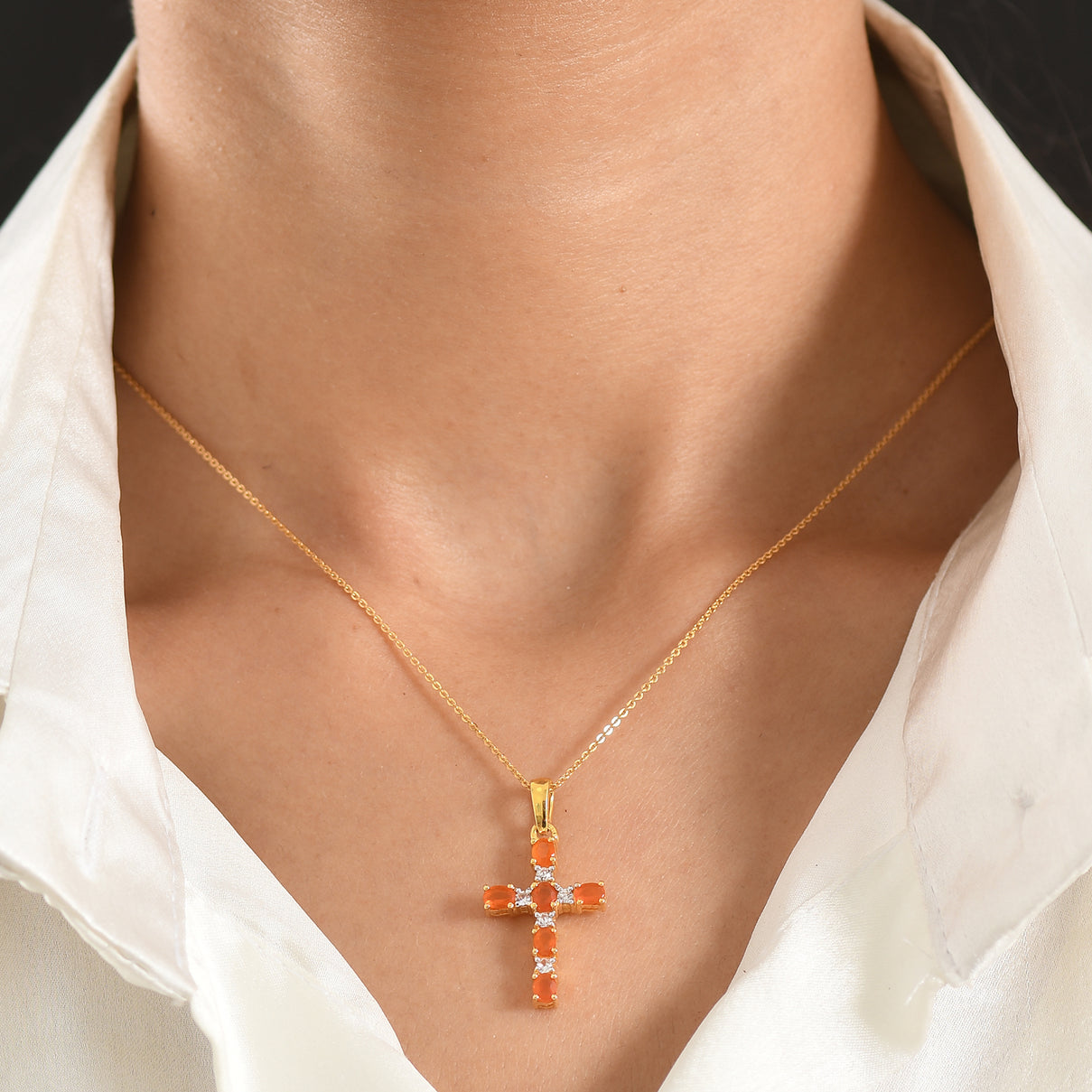 D'Joy - Natural Crimson Fire Opal &amp; White Zircon Cross Pendant with Chain (Size 20) in Yellow Gold Plated Sterling Silver 4476803 2