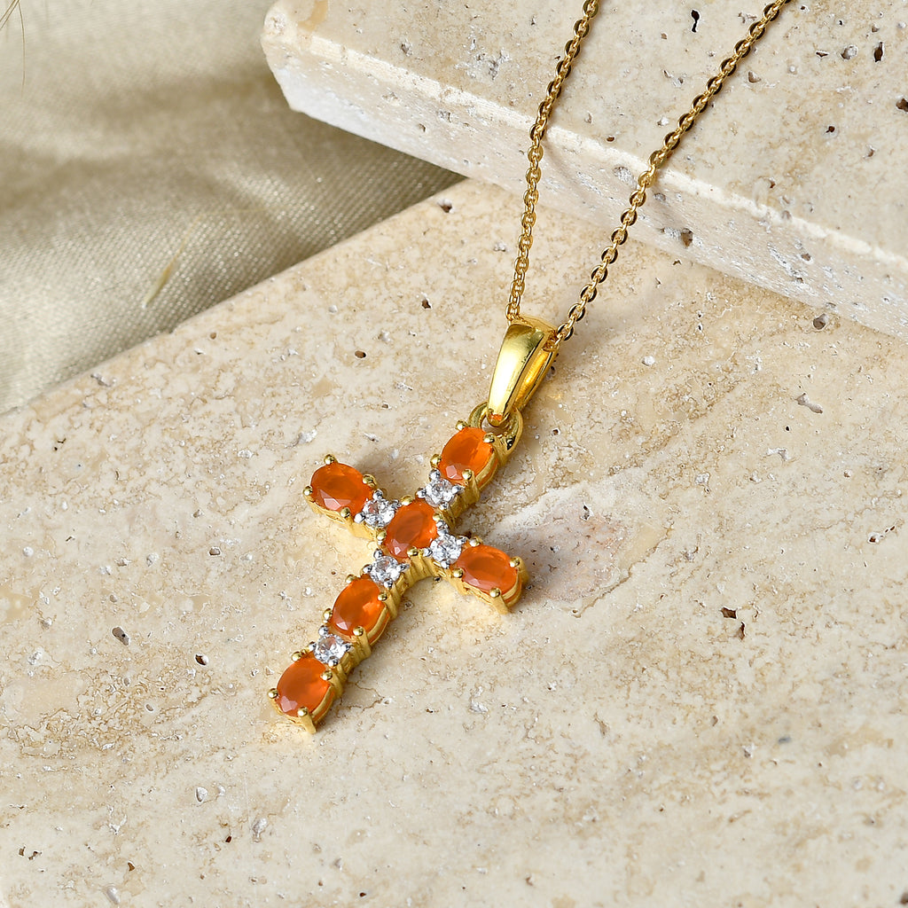 D'Joy - Natural Crimson Fire Opal & White Zircon Cross Pendant with Chain (Size 20) in Yellow Gold Plated Sterling Silver_4476803_2