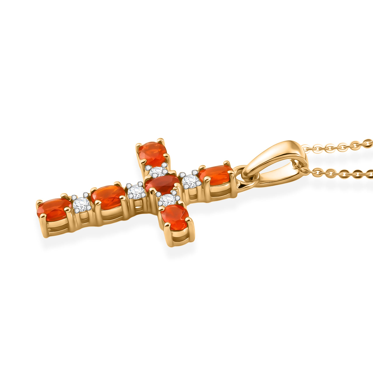 D'Joy - Natural Crimson Fire Opal &amp; White Zircon Cross Pendant with Chain (Size 20) in Yellow Gold Plated Sterling Silver 4476803 4