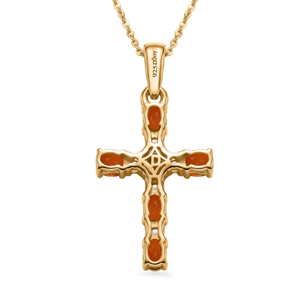 D'Joy - Natural Crimson Fire Opal & White Zircon Cross Pendant with Chain (Size 20) in Yellow Gold Plated Sterling Silver_4476803_4