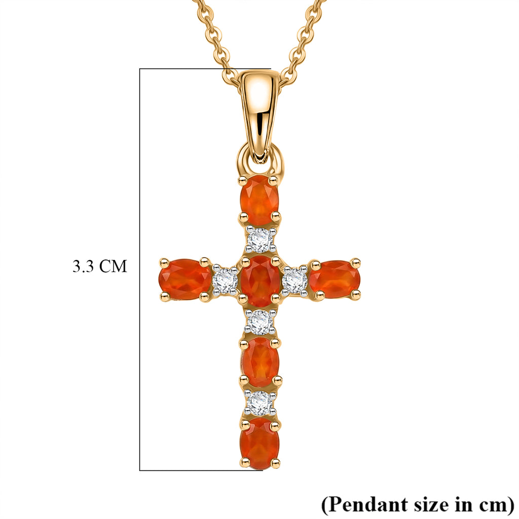 D'Joy - Natural Crimson Fire Opal & White Zircon Cross Pendant with Chain (Size 20) in Yellow Gold Plated Sterling Silver_4476803_5