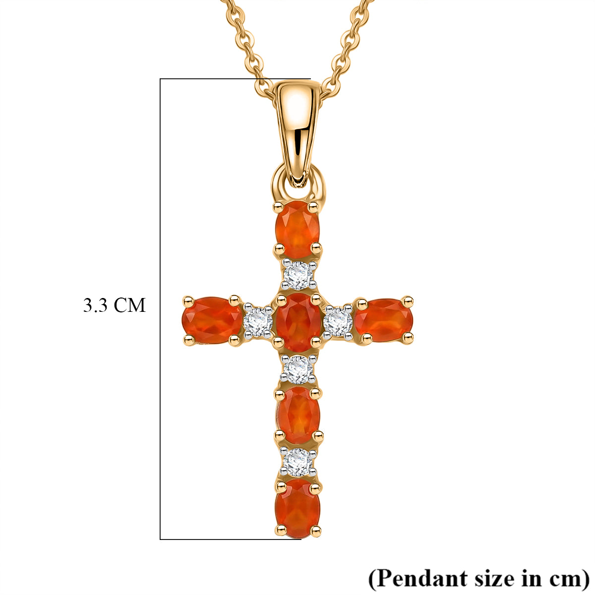 D'Joy - Natural Crimson Fire Opal &amp; White Zircon Cross Pendant with Chain (Size 20) in Yellow Gold Plated Sterling Silver 4476803 6