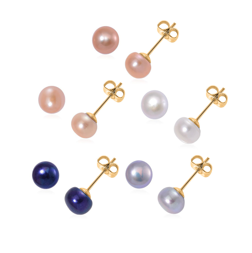 WOW Deal - Set of 5 - Multi Colour Fresh Water Pearl Stud Earrings with Push Backs in Yellow Gold Tone 12.50 Ct._4476881
