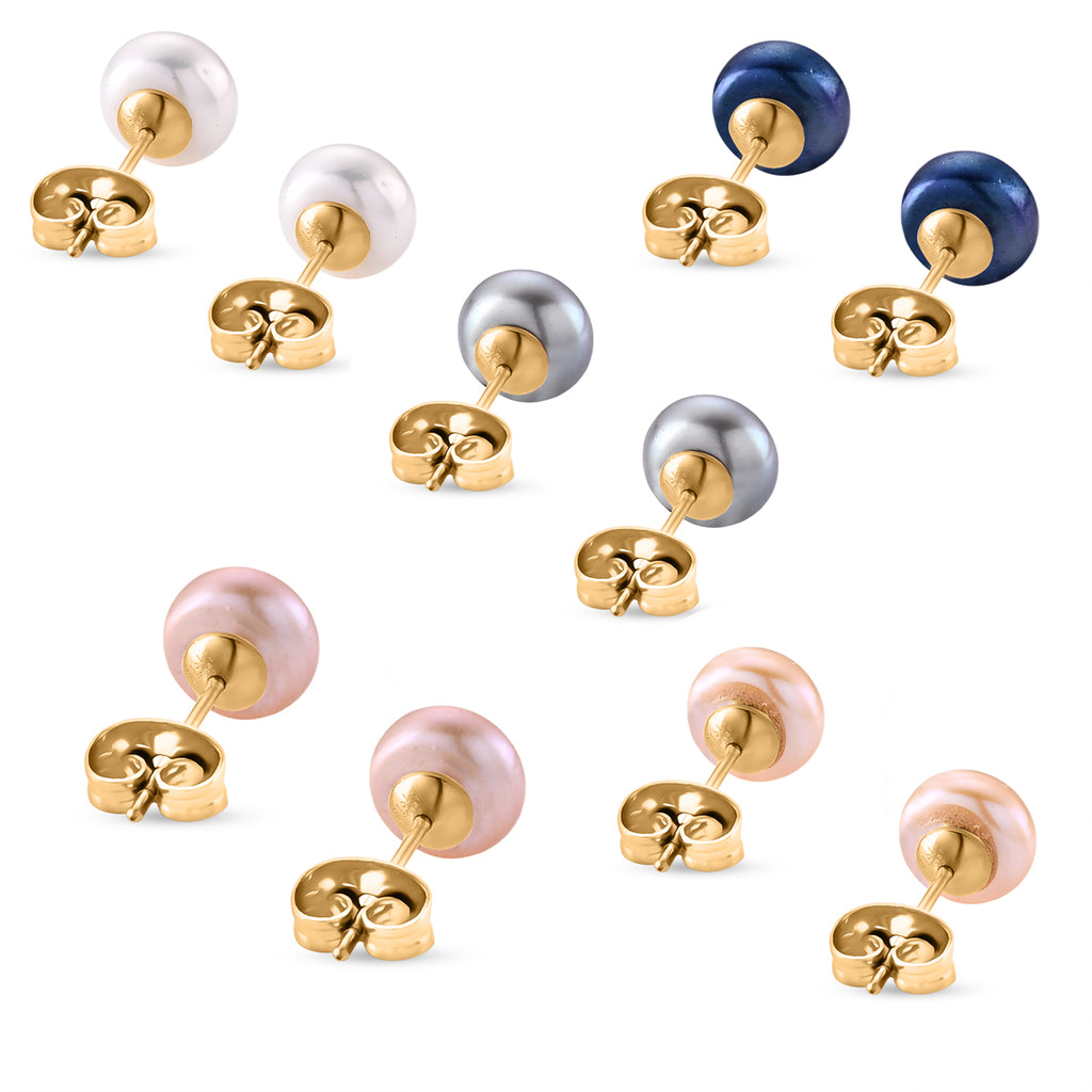WOW Deal - Set of 5 - Multi Colour Fresh Water Pearl Stud Earrings with Push Backs in Yellow Gold Tone 12.50 Ct._4476881_8