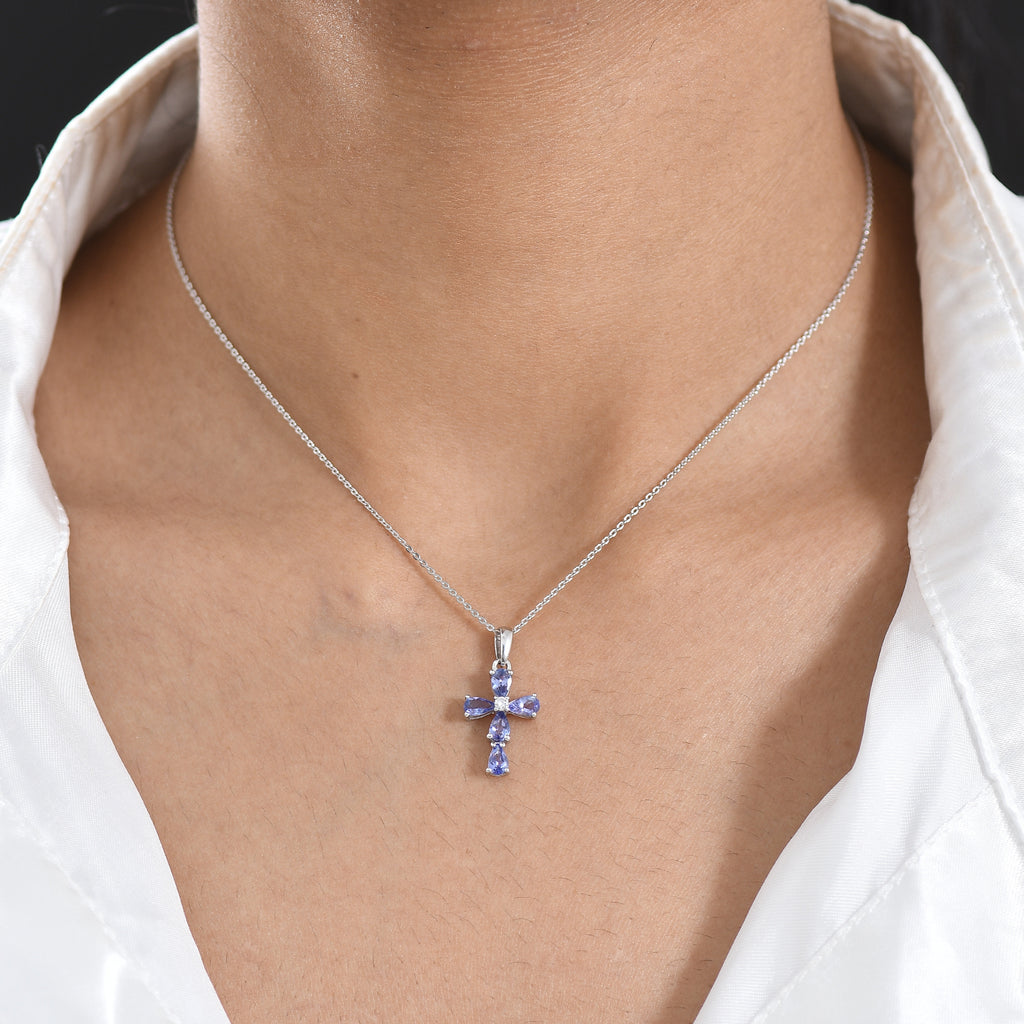 Luxuriant - Tanzanite & Lab Grown Diamond (SI/G-H) Cross Pendant with Chain (Size 20) in Rhodium Overlay Sterling Silver 1.05 Ct._4476885_1