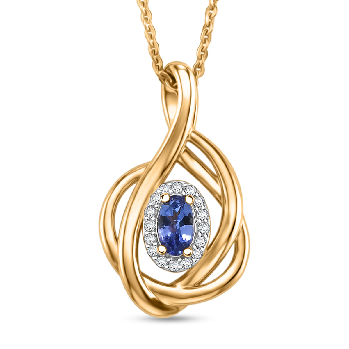 D'Joy - Tanzanite &amp; White Zircon Twisted Halo Pendant with Chain (Size 20) in Yellow Gold Plated Sterling Silver V32519392 0