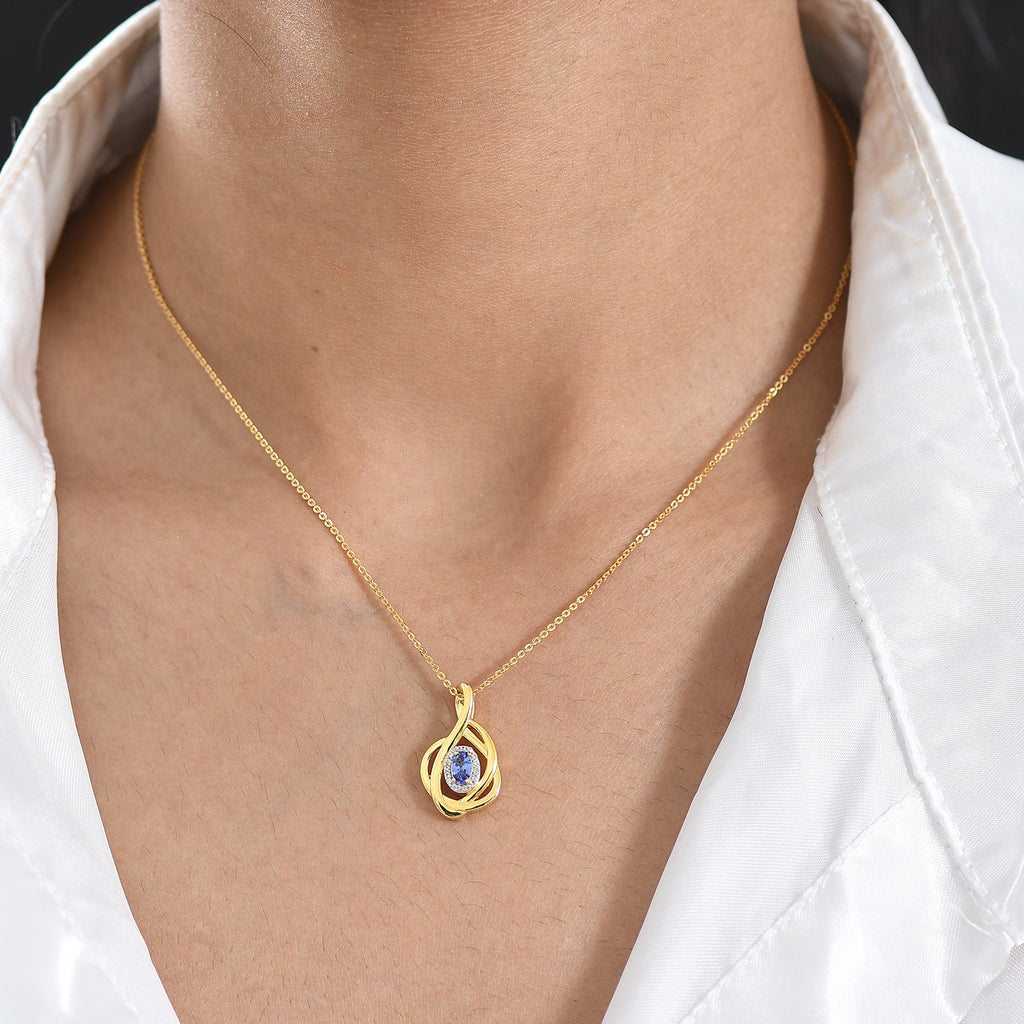 D'Joy - Tanzanite & White Zircon Twisted Halo Pendant with Chain (Size 20) in Yellow Gold Plated Sterling Silver_4476887_1