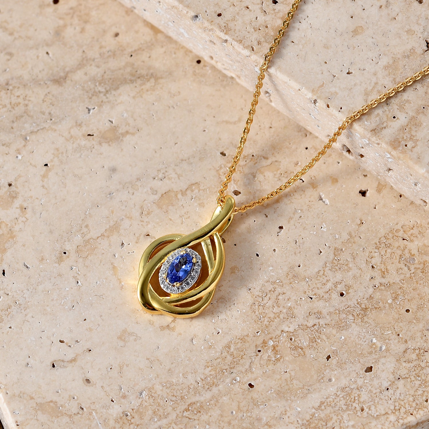 D'Joy - Tanzanite &amp; White Zircon Twisted Halo Pendant with Chain (Size 20) in Yellow Gold Plated Sterling Silver V32519392 3