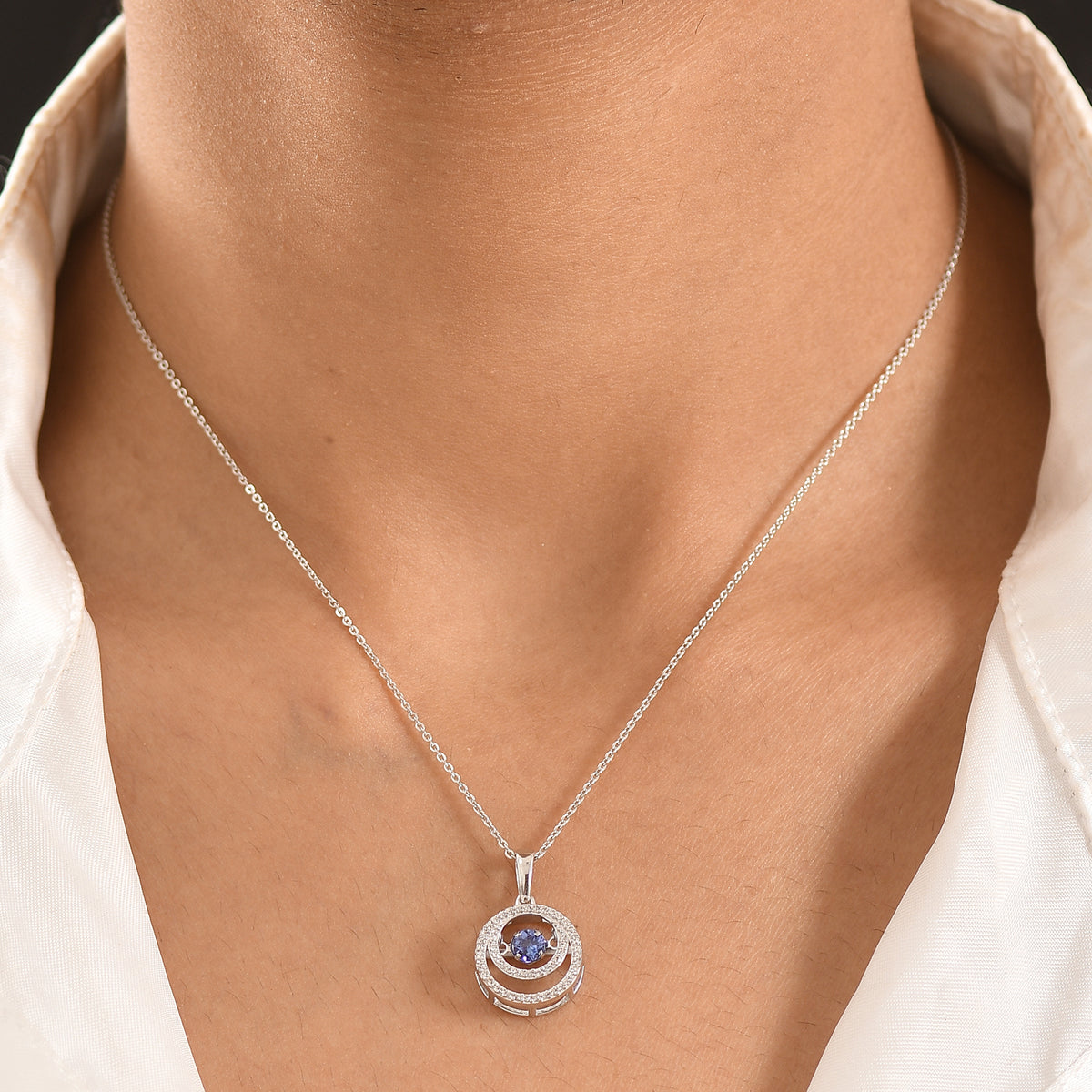 D'Joy - Tanzanite &amp; White Zircon Solitaire Pendant with Chain (Size 20) in Rhodium Overlay Sterling Silver V32593394 2