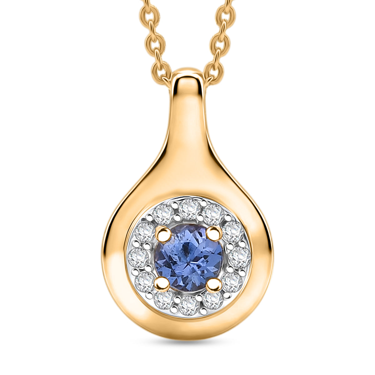 D'Joy - Tanzanite &amp; White Zircon Halo Pendant with Chain (Size 20) in Yellow Gold Plated Sterling Silver V32513512 0