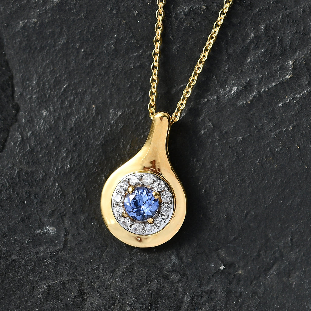 D'Joy - Tanzanite & White Zircon Halo Pendant with Chain (Size 20) in Yellow Gold Plated Sterling Silver_4476889_2