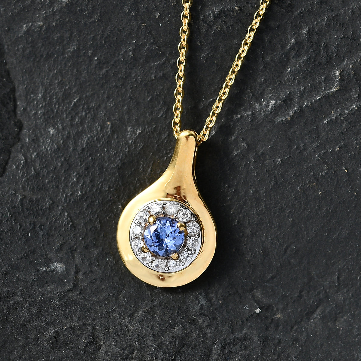 D'Joy - Tanzanite &amp; White Zircon Halo Pendant with Chain (Size 20) in Yellow Gold Plated Sterling Silver V32513512 3