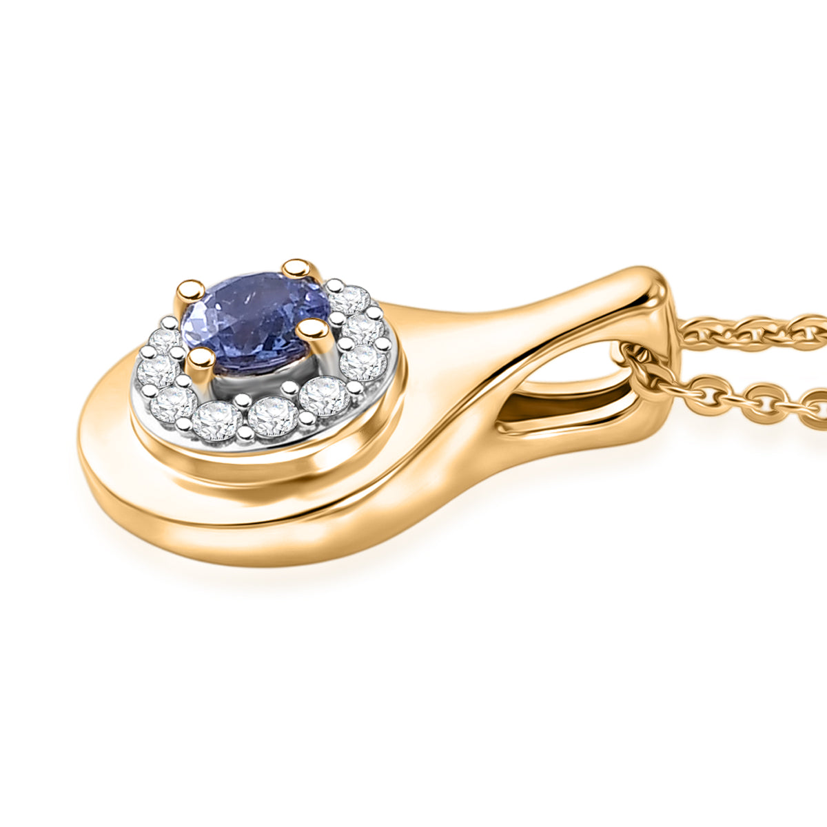 D'Joy - Tanzanite &amp; White Zircon Halo Pendant with Chain (Size 20) in Yellow Gold Plated Sterling Silver V32513512 4