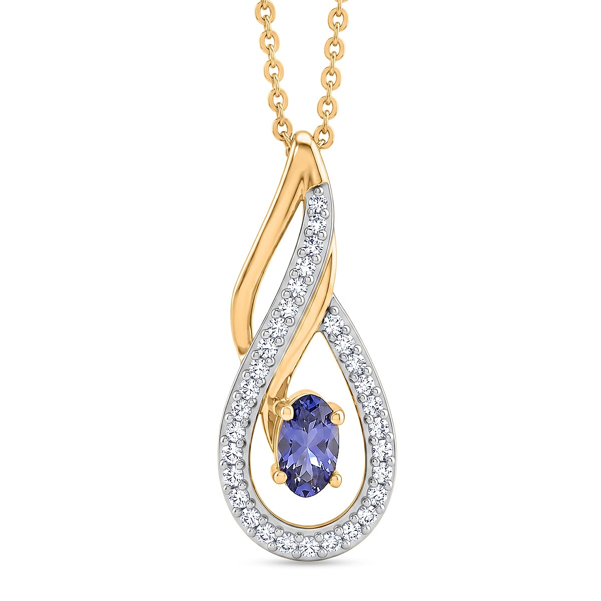 D'Joy - Tanzanite &amp; White Zircon Solitaire Pendant with Chain (Size 20) in Yellow Gold Plated Sterling Silver 4476891 0