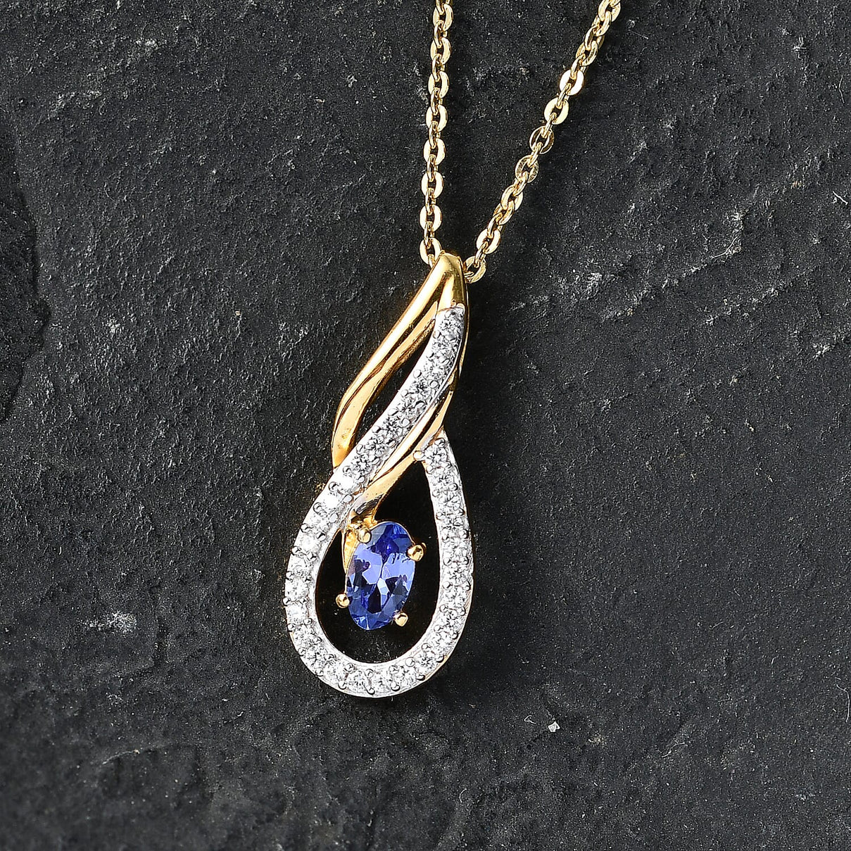 D'Joy - Tanzanite &amp; White Zircon Solitaire Pendant with Chain (Size 20) in Yellow Gold Plated Sterling Silver 4476891 3