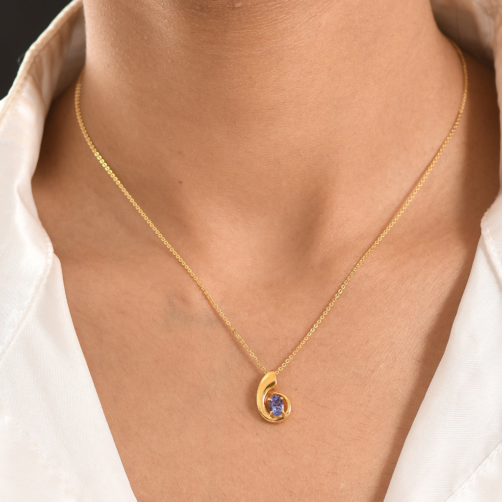 D'Joy - Tanzanite Solitaire Curved Pendant with Chain (Size 20) in Yellow Gold Plated Sterling Silver_4476892_1