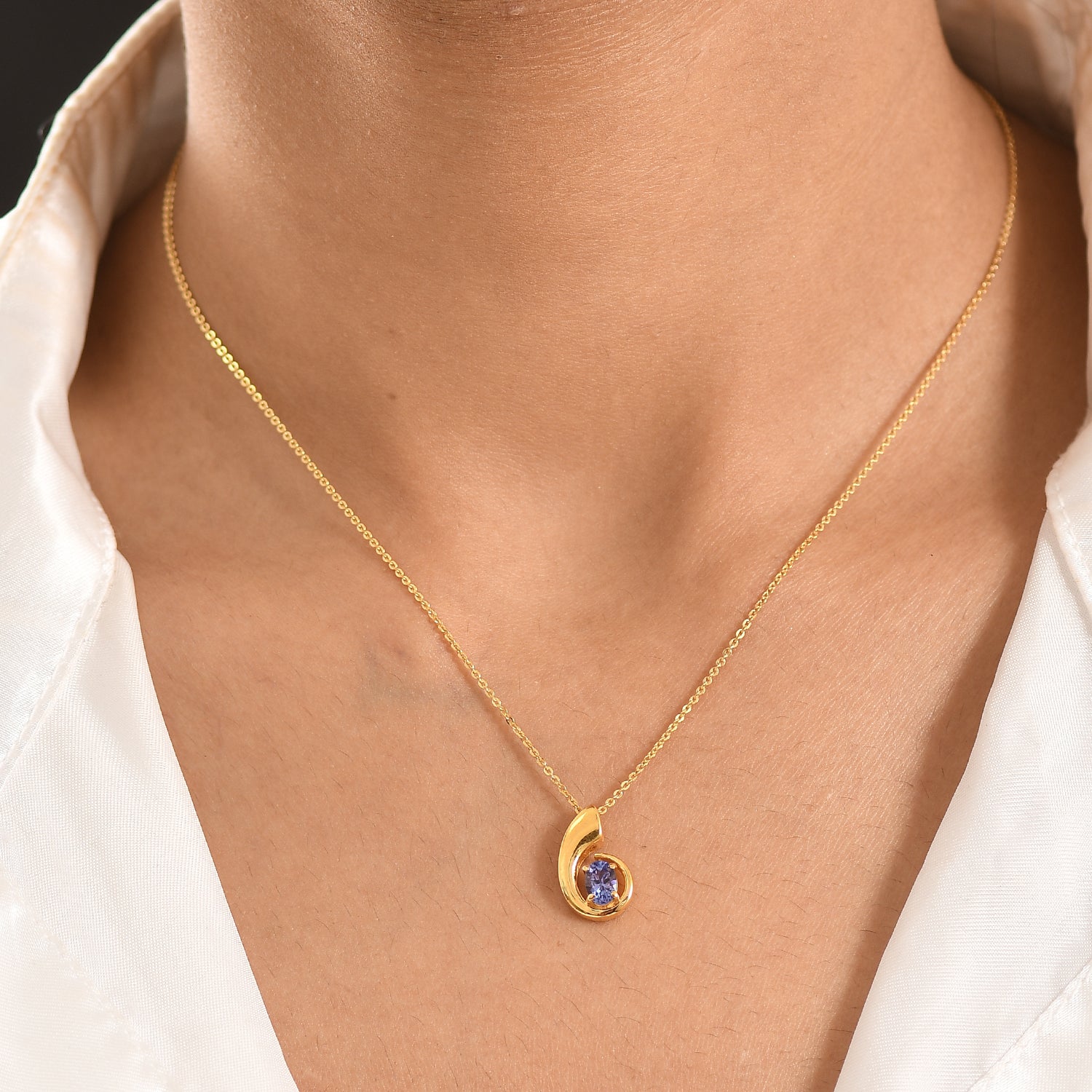 D'Joy - Tanzanite Solitaire Curved Pendant with Chain (Size 20) in Yellow Gold Plated Sterling Silver V32513520 2