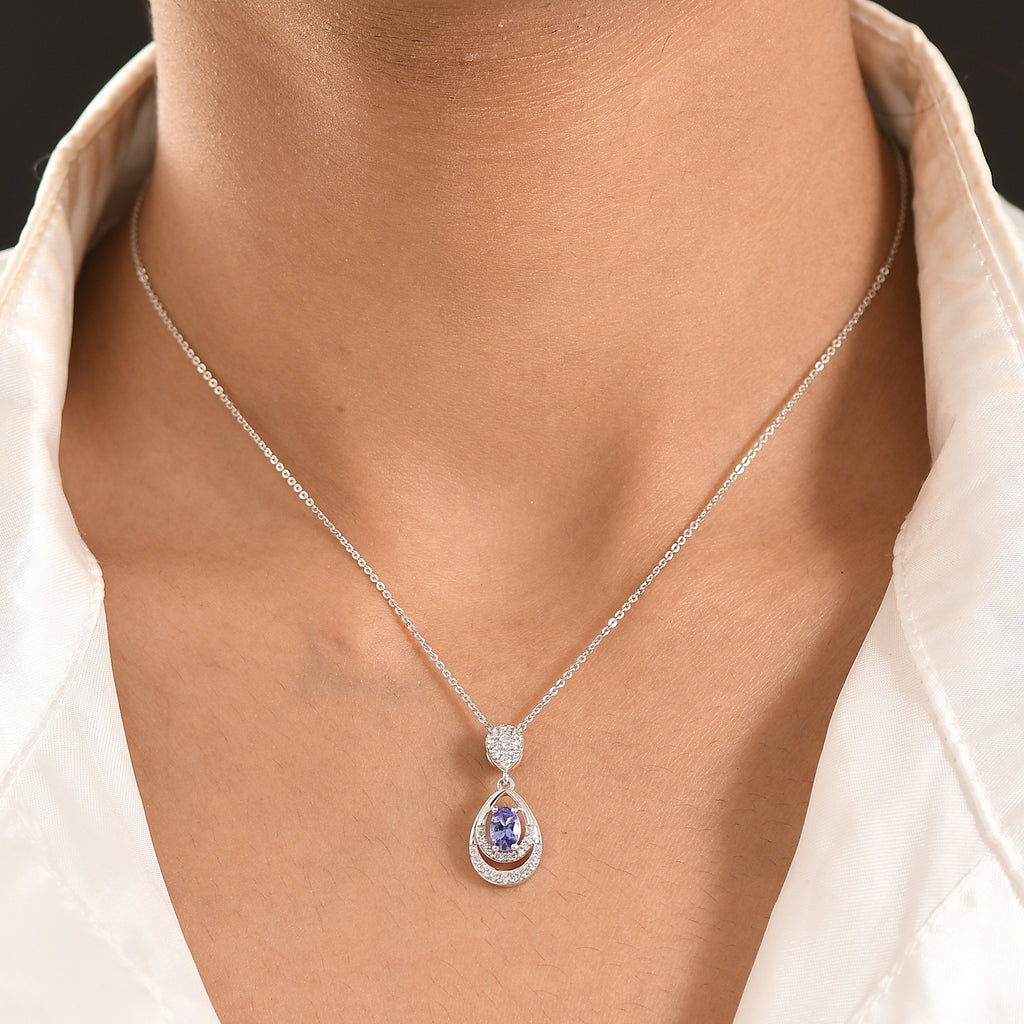 D'joy - Tanzanite & White Zircon Teardrop Solitaire Pendant with Chain (Size 20) in Rhodium Overlay Sterling Silver_4476894_1