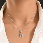 D'joy - Tanzanite & White Zircon Teardrop Solitaire Pendant with Chain (Size 20) in Rhodium Overlay Sterling Silver_4476894_1
