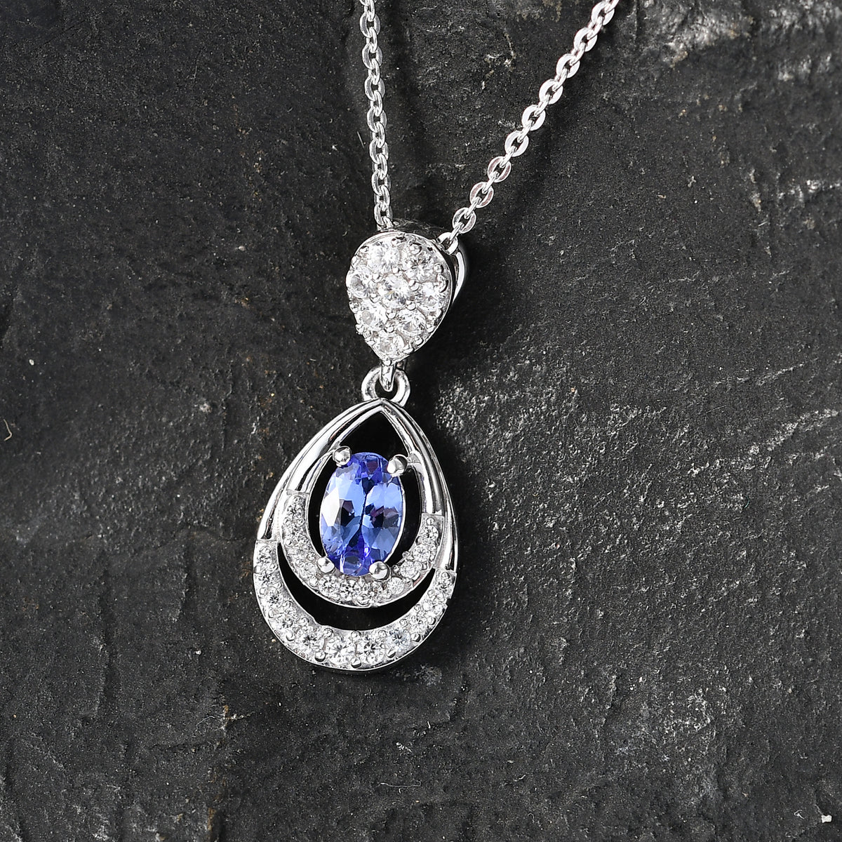 D'joy - Tanzanite &amp; White Zircon Teardrop Solitaire Pendant with Chain (Size 20) in Rhodium Overlay Sterling Silver V32519828 3