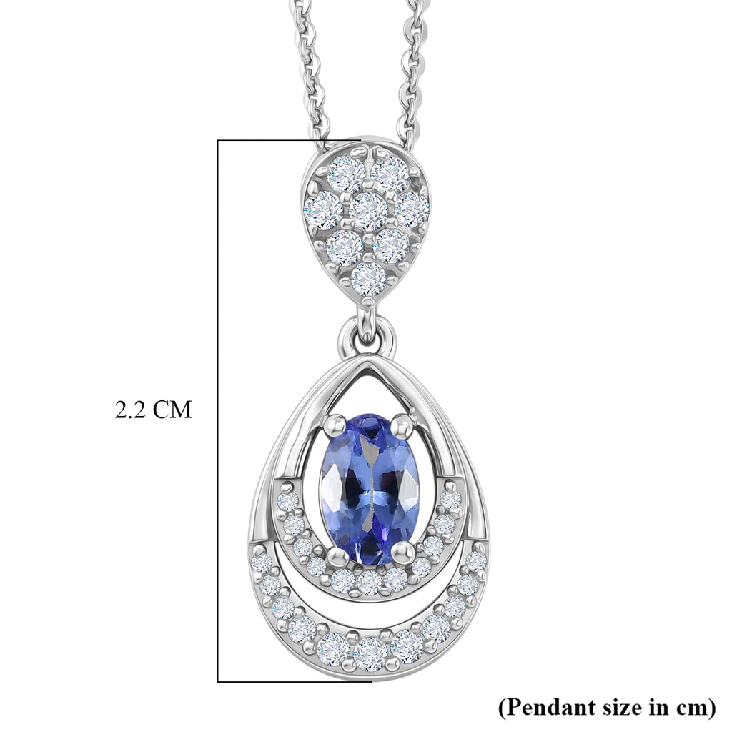 D'joy - Tanzanite & White Zircon Teardrop Solitaire Pendant with Chain (Size 20) in Rhodium Overlay Sterling Silver_4476894_5